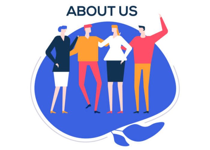 About us - flat design style colorful illustration on white background. High quality composition with happy male, female colleagues, company staff standing together, hugging. Creative team concept